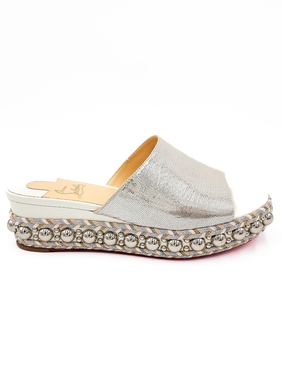 Christian Louboutin Shoes - Christian Louboutin Leather Silver Studded Slip-On Platform Sandals  EU 39
